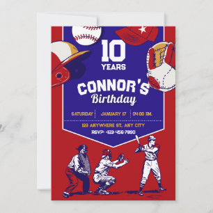 Red and blue illustrated baseball birthday party invitation