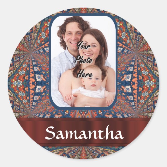 Red and blue kaleidoscope pattern classic round sticker (Front)