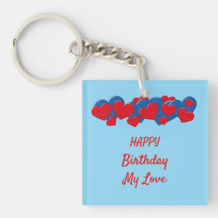 Red and Blue Love Hearts on light blue background Key Ring