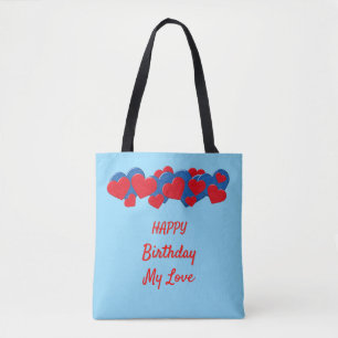 Red and Blue Love Hearts on light blue background Tote Bag