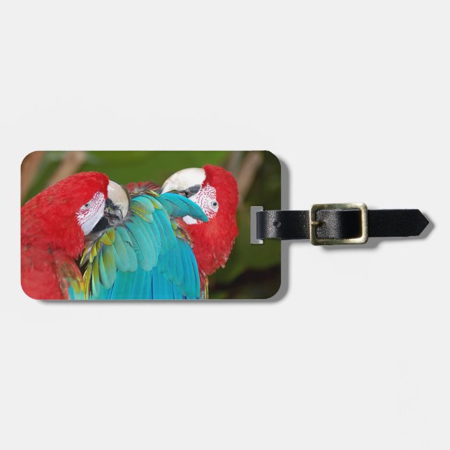 Red and blue macaw parrot print luggage tag (Front Horizontal)