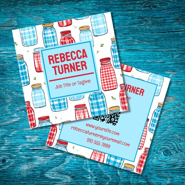 Red and Blue Mason Jar Pattern, QR Code Square Business Card (Creator Uploaded)