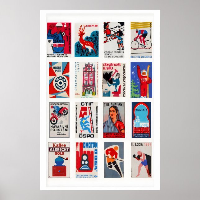 Red and Blue Matchbox Label Collage, bold graphic Poster (Front)