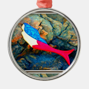 red and blue mermaid metal ornament