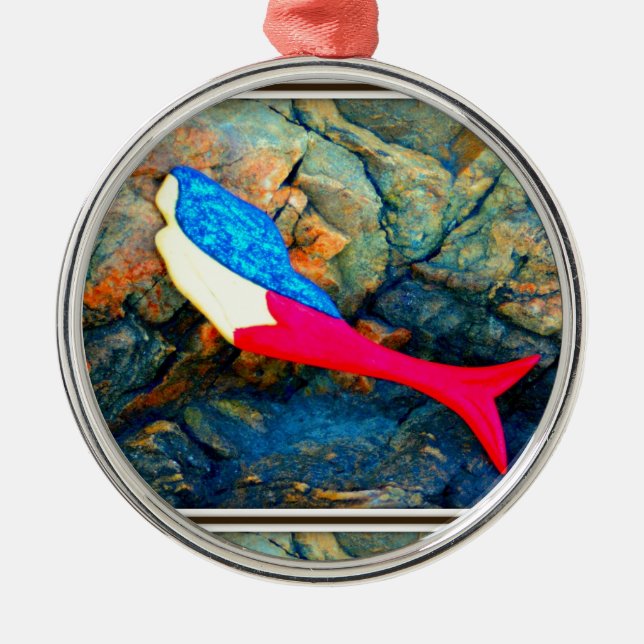 red and blue mermaid metal ornament (Front)