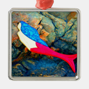 red and blue mermaid metal tree decoration