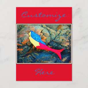red and blue mermaid postcard
