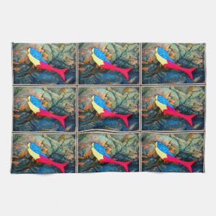 red and blue mermaids tea towel