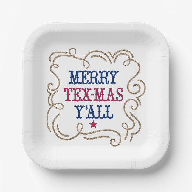 Red and Blue Merry Tex-Mas Y'all Paper Plate (Front)