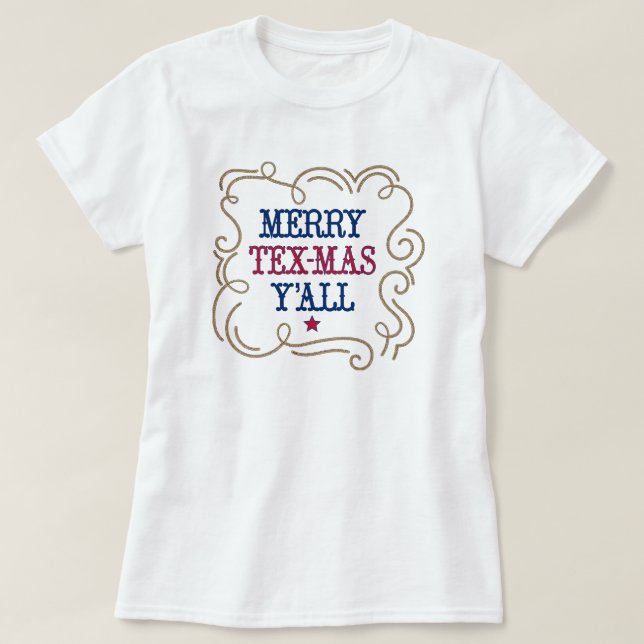 Red and Blue Merry Tex-Mas Y'all T-Shirt (Design Front)