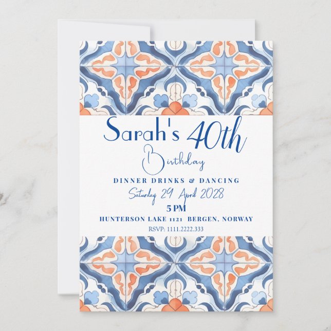 Red And Blue  Moroccan Tile Birthday Invitation (Front)