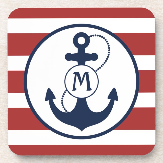 Red and Blue Nautical Anchor Monogram Coaster (Front)