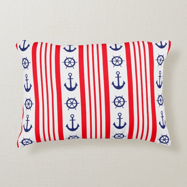 Red and Blue Nautical Anchors and Ships Wheel Decorative Cushion (Front)