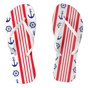 Red and Blue Nautical Anchors and Ships Wheel Thongs