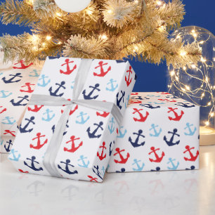 Red and Blue Nautical Anchors Pattern Wrapping Paper