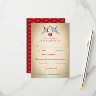 Red And Blue Origami Paper Cranes Asian Wedding RSVP Card