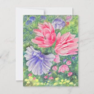 Red and Blue pastel Garden blooms yellow accents Card