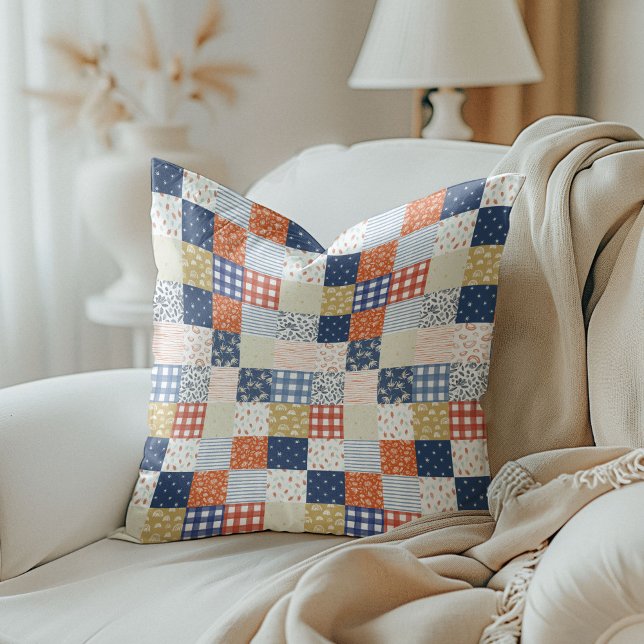 Red and Blue Patchwork Cushion (Red and Blue Patchwork Throw Pillow)