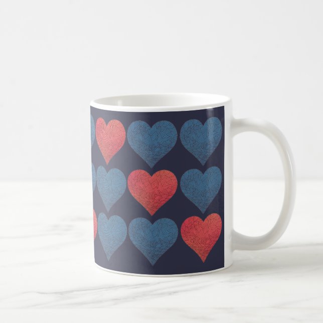 Red and Blue Patterned Hearts Coffee Mug (Right)