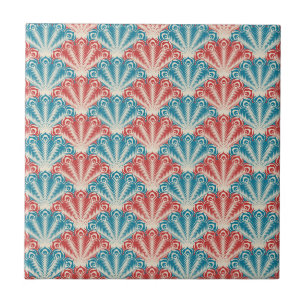 Red and Blue Peacock Tail Pattern Ceramic Tile