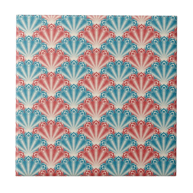 Red and Blue Peacock Tail Pattern Ceramic Tile (Front)