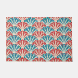 Red and Blue Peacock Tail Pattern Doormat