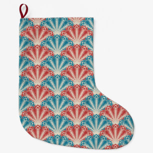 Red and Blue Peacock Tail Pattern Large Christmas Stocking