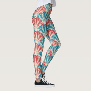 Red and Blue Peacock Tail Pattern Leggings
