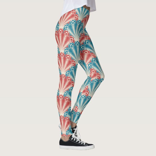 Red and Blue Peacock Tail Pattern Leggings (Right)