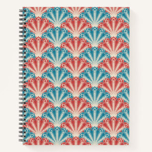 Red and Blue Peacock Tail Pattern Notebook