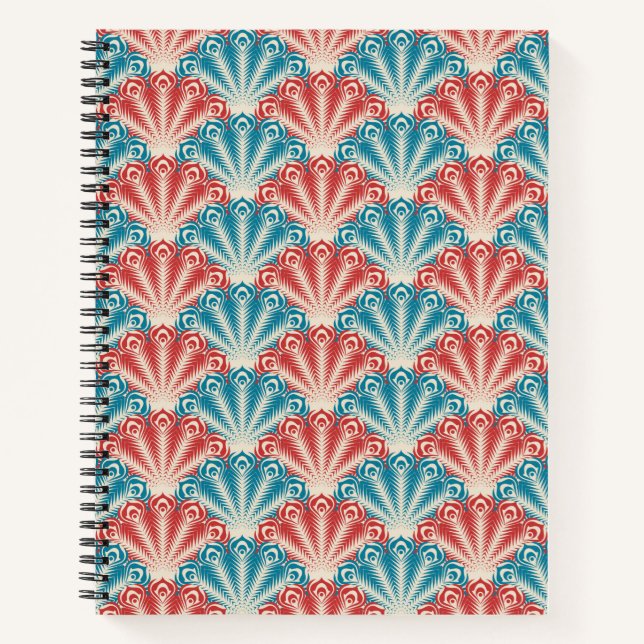Red and Blue Peacock Tail Pattern Notebook (Front)