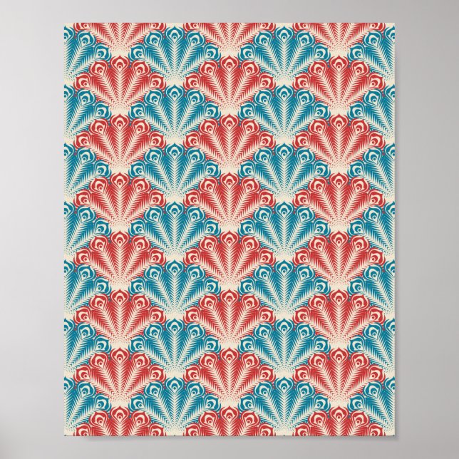 Red and Blue Peacock Tail Pattern Poster (Front)