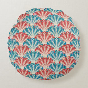 Red and Blue Peacock Tail Pattern Round Cushion