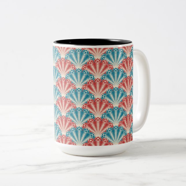 Red and Blue Peacock Tail Pattern Two-Tone Coffee Mug (Front Right)
