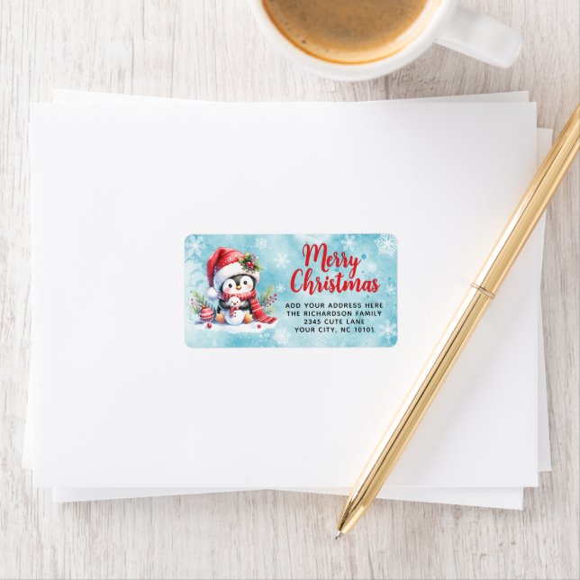 Red and Blue Penguin Personalised Christmas Label (Insitu)