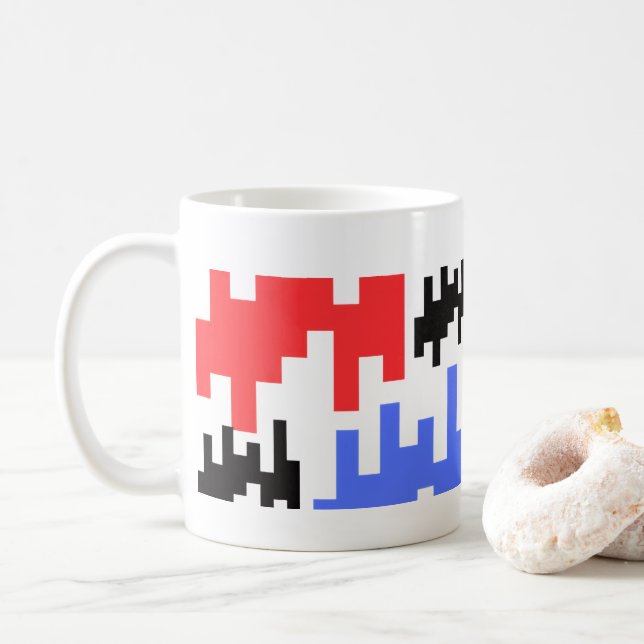 Red and blue pixel decorative mug. coffee mug (With Donut)