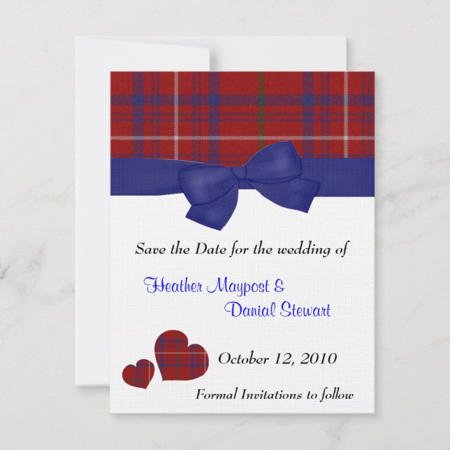 Red and Blue Plaid Save the Date Announcement (Front)