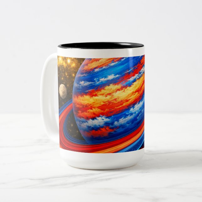 Red and Blue Planet with Rings Two-Tone Coffee Mug (Front Left)