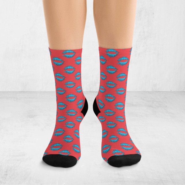 Red and Blue Pop Art Kissing Lips XOXO Socks (Creator Uploaded)