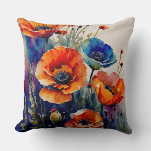 Red and Blue Poppies Cushion