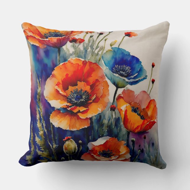 Red and Blue Poppies Cushion (Front)