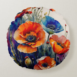 Red and Blue Poppies Round Cushion
