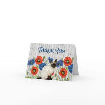 Red and Blue Poppies with Siamese Cat