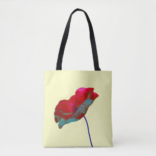 Red and blue poppy flower art print on cream tote bag