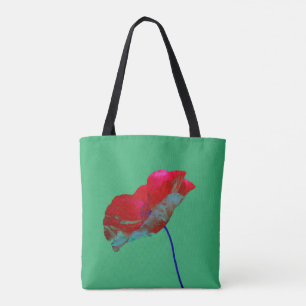 Red and blue poppy flower art print on green tote bag
