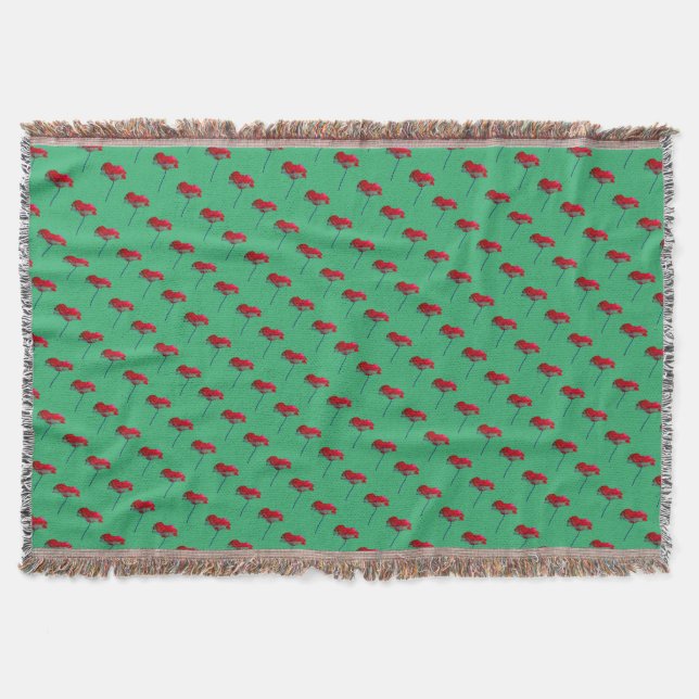 Red and blue poppy flower on green throw blanket (Front)