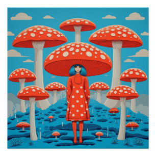 Red and Blue Retro Psychedelic Mushroom Poster