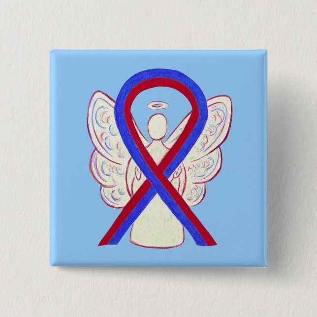 Red and Blue Ribbon Awareness Angel Button Pins (Front)