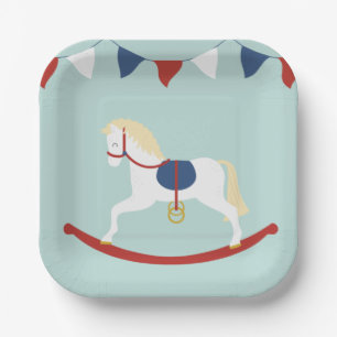 Red and Blue Rocking Horse Paper Plate