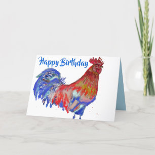 Red and Blue Rooster Watercolour Chicken Birthday  Card